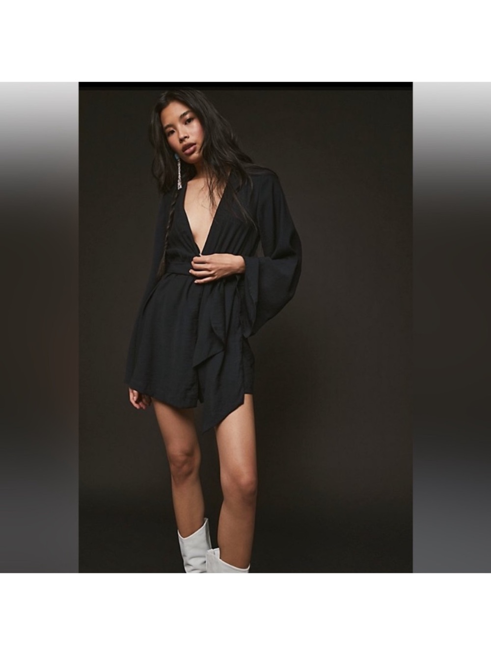 Free People Black Deep V Tie-Waist Romper